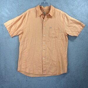 Quicksilver Shirt Mens Large Orange Short Sleeve Button Up 100% Linen Beach Surf